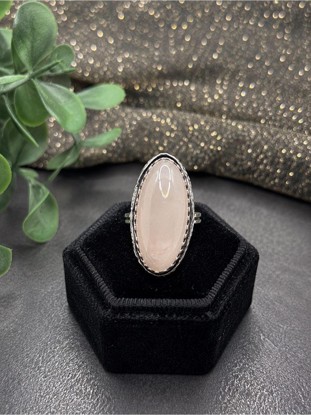 925 Sterling Silver Rose Quartz Statement Ring Size 7 (BR1313/4)